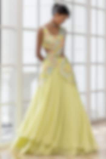 Lime Yellow Silk Organza & Crepe Hand Embroidered Double-Layered Wedding Lehenga Set by House of Armuse at Pernia's Pop Up Shop