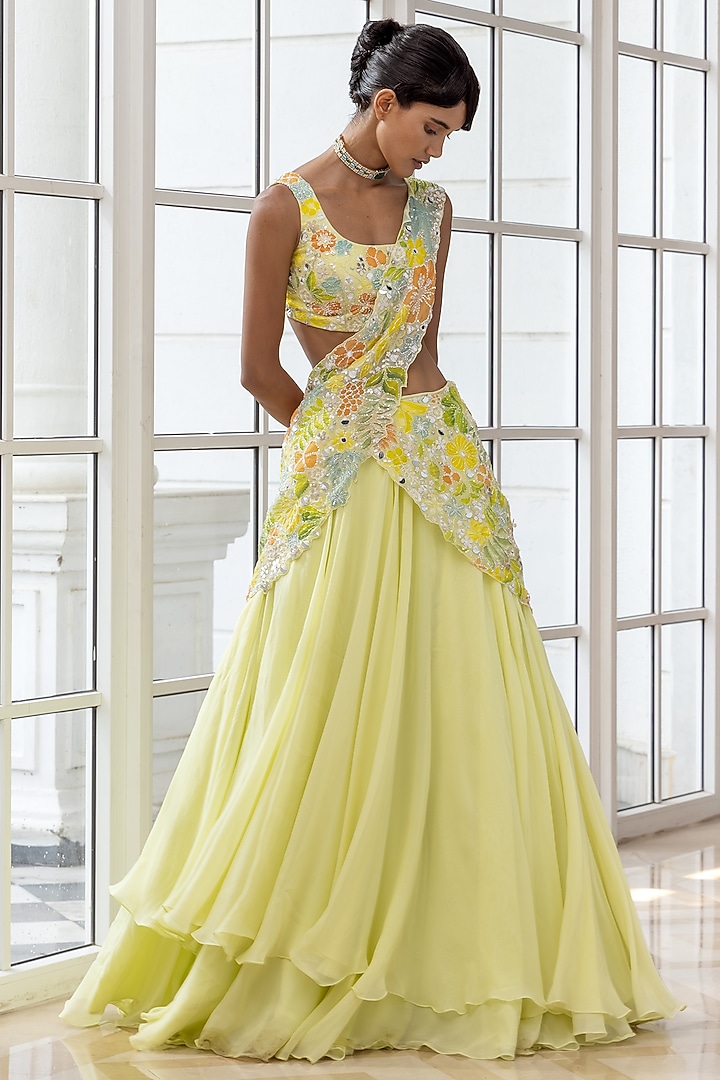 Lime Yellow Silk Organza & Crepe Hand Embroidered Double-Layered Wedding Lehenga Set by House of Armuse at Pernia's Pop Up Shop