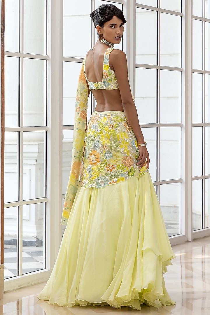 Lime Yellow Silk Organza & Crepe Hand Embroidered Double-Layered Wedding Lehenga Set by House of Armuse at Pernia's Pop Up Shop