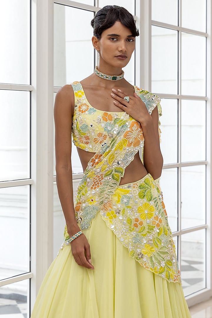 Lime Yellow Silk Organza & Crepe Hand Embroidered Double-Layered Wedding Lehenga Set by House of Armuse at Pernia's Pop Up Shop