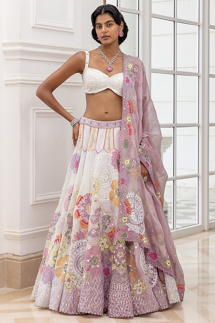 Ivory-Lilac Satin Organza Handpainted & 3D Floral Embroidered Bridal Lehenga Set by House of Armuse at Pernia's Pop Up Shop