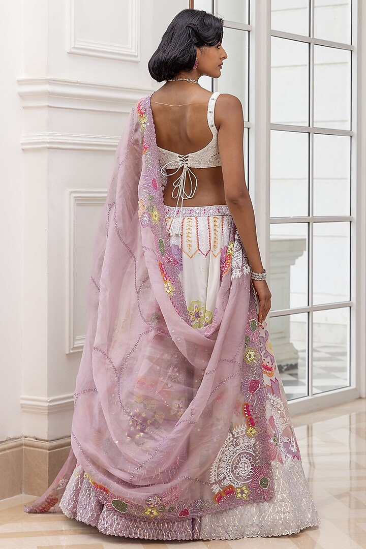 Ivory-Lilac Satin Organza Handpainted & 3D Floral Embroidered Bridal Lehenga Set by House of Armuse at Pernia's Pop Up Shop