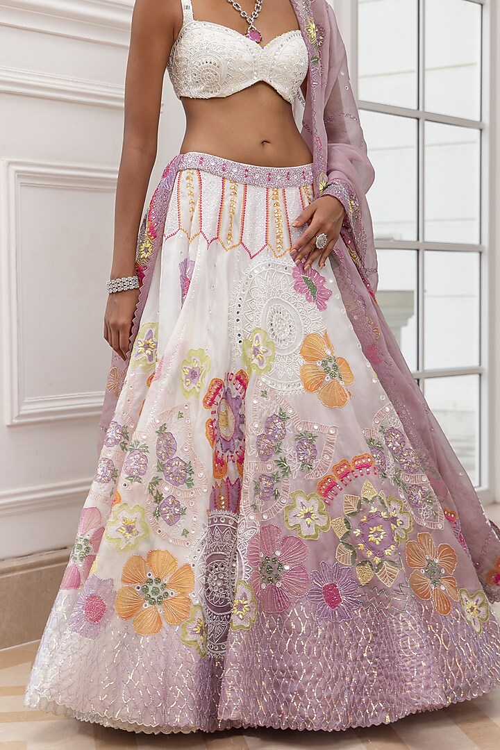 Ivory-Lilac Satin Organza Handpainted & 3D Floral Embroidered Bridal Lehenga Set by House of Armuse at Pernia's Pop Up Shop