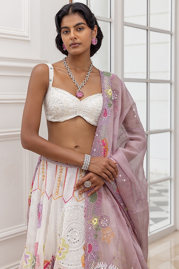 Ivory-Lilac Satin Organza Handpainted & 3D Floral Embroidered Bridal Lehenga Set by House of Armuse at Pernia's Pop Up Shop