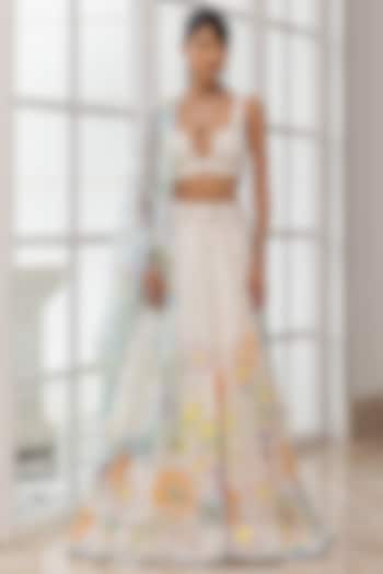 Ivory Satin Organza Handpainted & Resham Embroidered Bridal Lehenga Set by House of Armuse at Pernia's Pop Up Shop