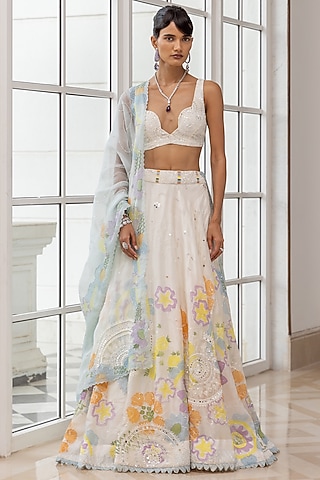 Ivory Satin Organza Handpainted & Resham Embroidered Lehenga Set by House of Armuse