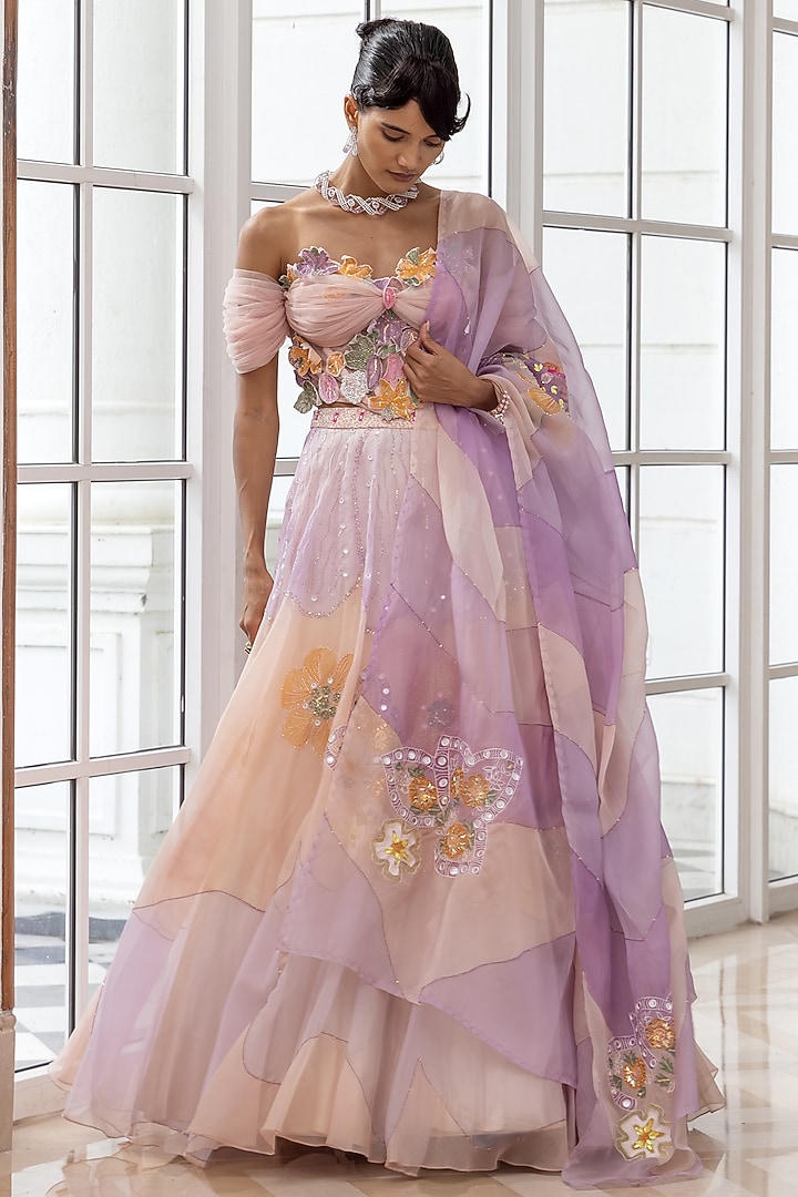 Lilac & Peach Organza Handpainted Wedding Lehenga Set by House of Armuse at Pernia's Pop Up Shop