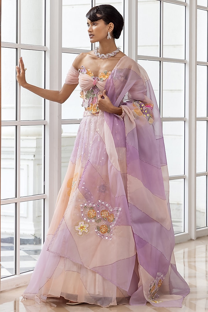 Lilac & Peach Organza Handpainted Wedding Lehenga Set by House of Armuse at Pernia's Pop Up Shop