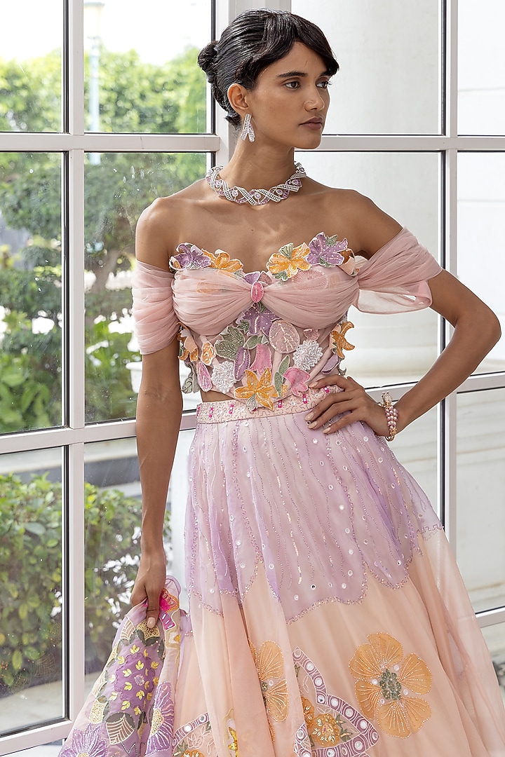 Lilac & Peach Organza Handpainted Wedding Lehenga Set by House of Armuse at Pernia's Pop Up Shop