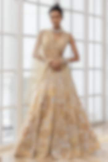 Yellow Satin Organza Floral Motifs Embroidered Bridal Lehenga Set by House of Armuse at Pernia's Pop Up Shop