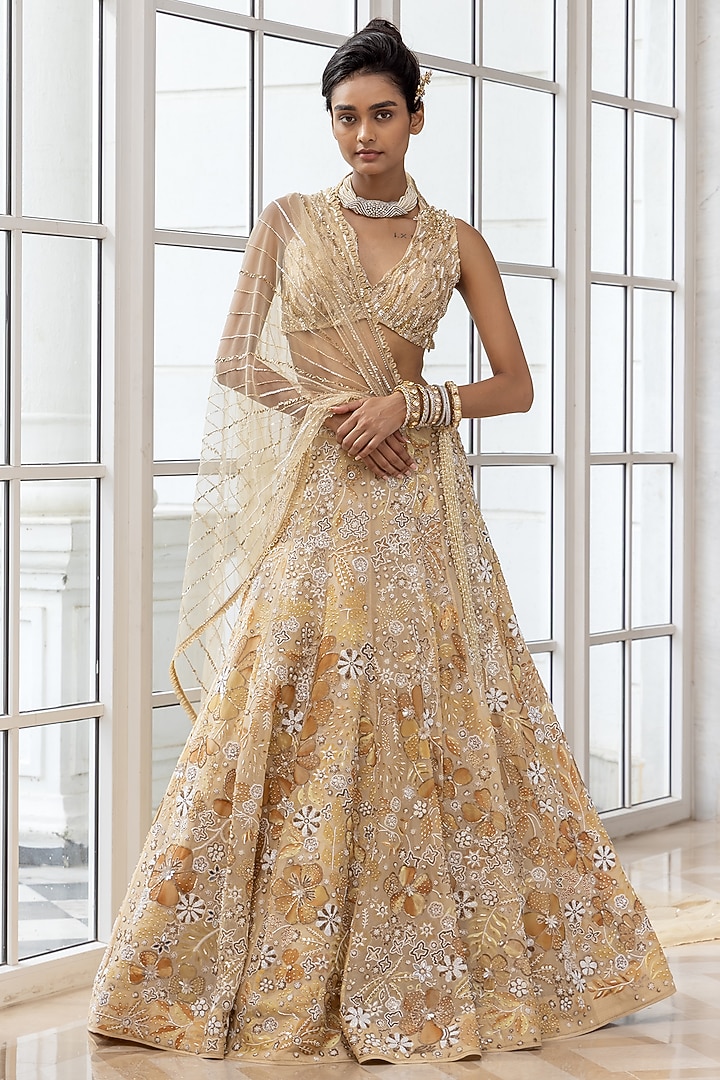 Yellow Satin Organza Floral Motifs Embroidered Bridal Lehenga Set by House of Armuse at Pernia's Pop Up Shop
