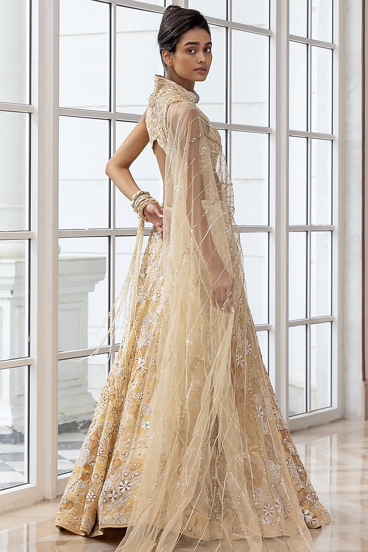 Yellow Satin Organza Floral Motifs Embroidered Bridal Lehenga Set by House of Armuse at Pernia's Pop Up Shop