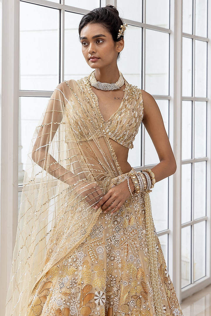 Yellow Satin Organza Floral Motifs Embroidered Bridal Lehenga Set by House of Armuse at Pernia's Pop Up Shop