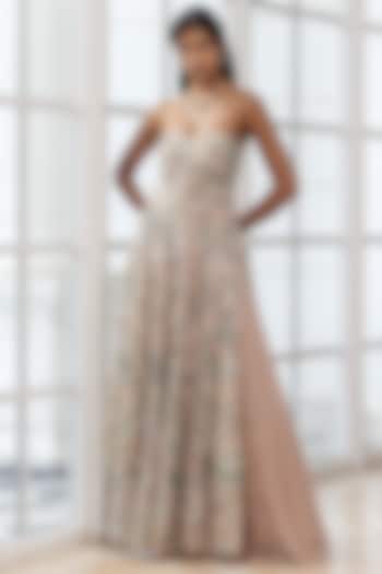 Peach Satin Organza Embroidered Corset-Style Kurta Set by House of Armuse at Pernia's Pop Up Shop