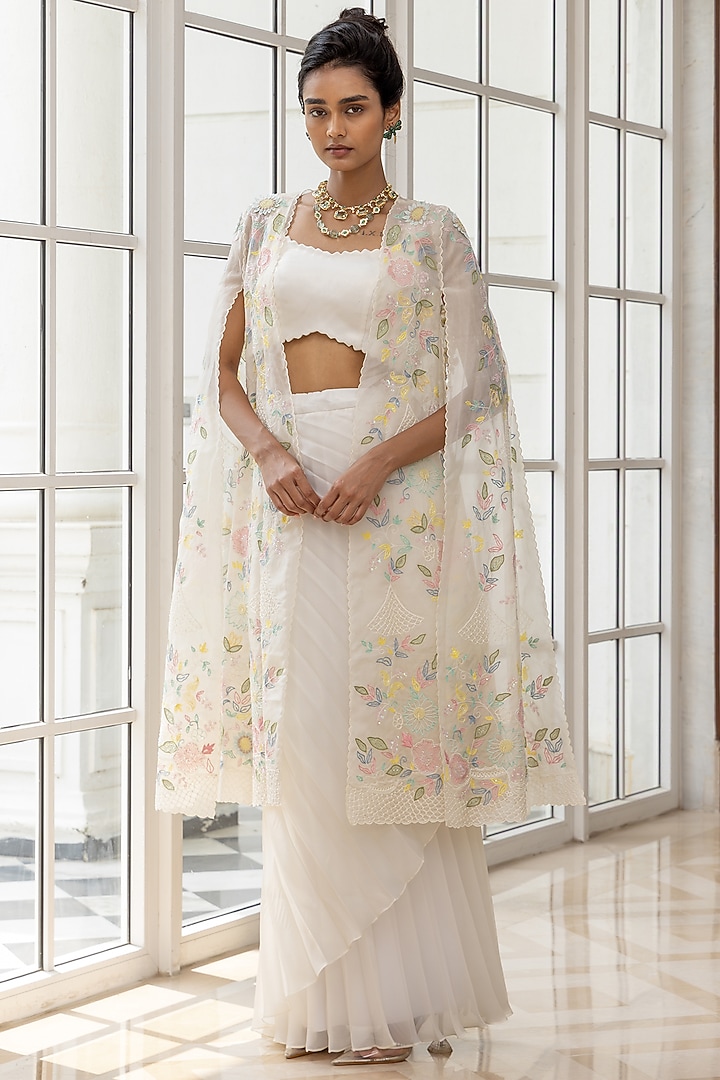 Ivory Organza Handpainted Jacket Set by House of Armuse at Pernia's Pop Up Shop