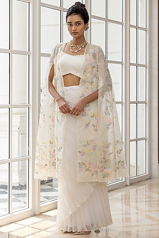 Ivory Organza Handpainted Jacket Set by House of Armuse