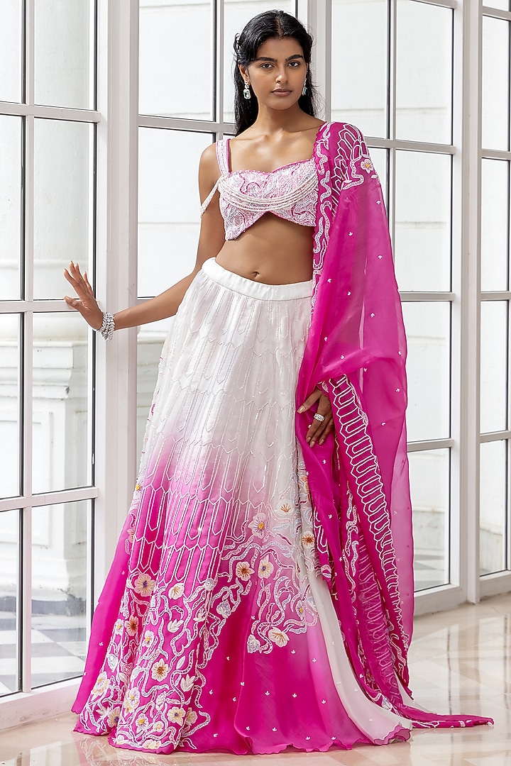 Blush Pink & Ivory Satin Organza Ombre Embroidered Bridal Lehenga Set by House of Armuse at Pernia's Pop Up Shop