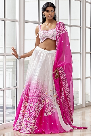 Blush Pink & Ivory Satin Organza Ombre Embroidered Lehenga Set by House of Armuse
