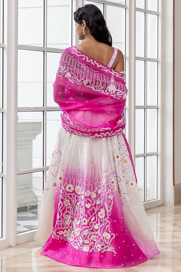 Blush Pink & Ivory Satin Organza Ombre Embroidered Bridal Lehenga Set by House of Armuse at Pernia's Pop Up Shop