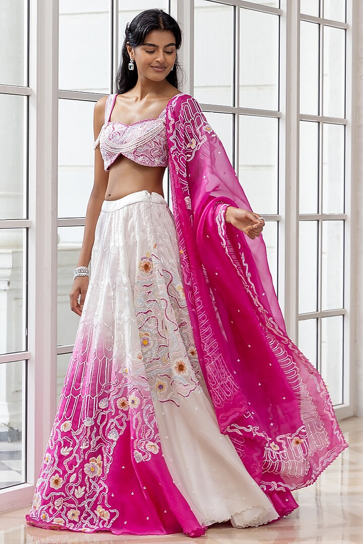 Blush Pink & Ivory Satin Organza Ombre Embroidered Bridal Lehenga Set by House of Armuse at Pernia's Pop Up Shop