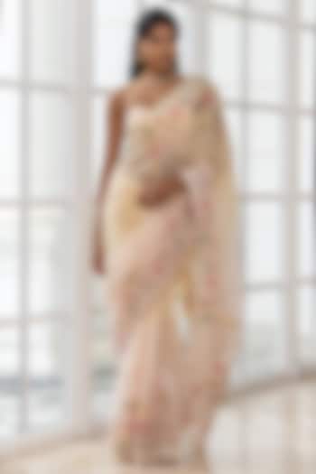 Cream Organza Hand Embroidered Reception Saree Set by House of Armuse at Pernia's Pop Up Shop