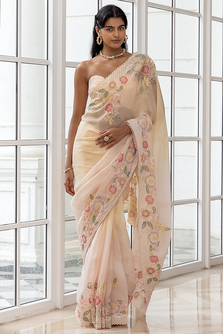 Cream Organza Hand Embroidered Reception Saree Set by House of Armuse at Pernia's Pop Up Shop