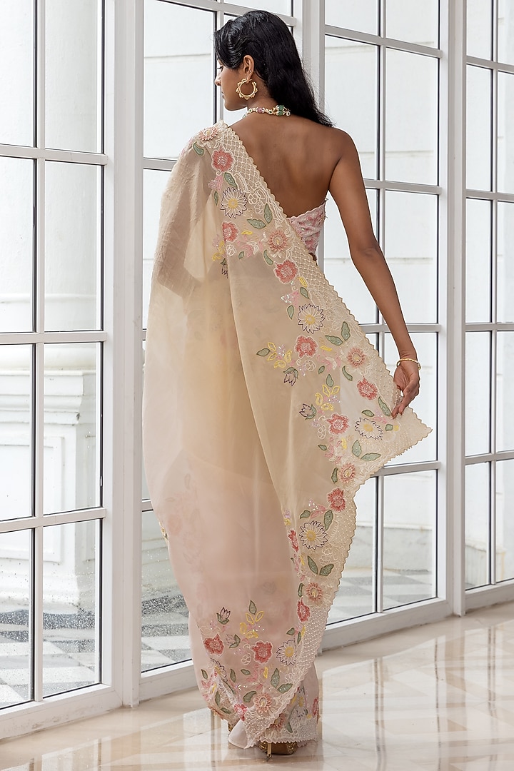 Cream Organza Hand Embroidered Reception Saree Set by House of Armuse at Pernia's Pop Up Shop