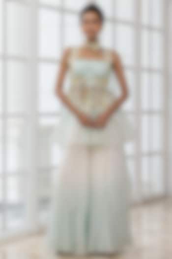 Pastel Aqua Blue Organza Embroidered Jacket Set by House of Armuse at Pernia's Pop Up Shop