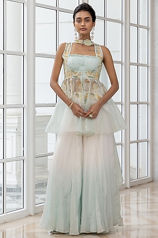 Pastel Aqua Blue Organza Embroidered Jacket Set by House of Armuse