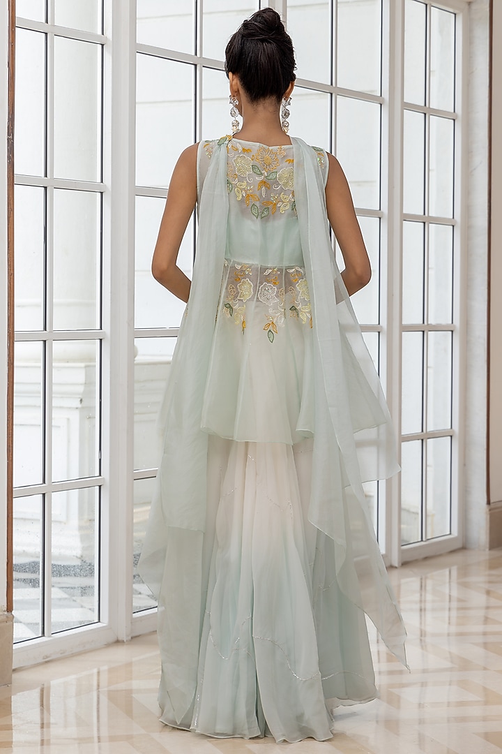 Pastel Aqua Blue Organza Embroidered Jacket Set by House of Armuse at Pernia's Pop Up Shop