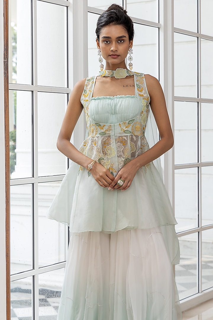 Pastel Aqua Blue Organza Embroidered Jacket Set by House of Armuse at Pernia's Pop Up Shop