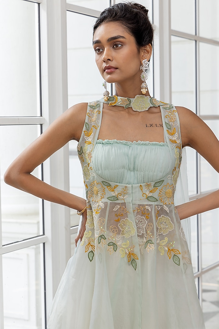 Pastel Aqua Blue Organza Embroidered Jacket Set by House of Armuse at Pernia's Pop Up Shop