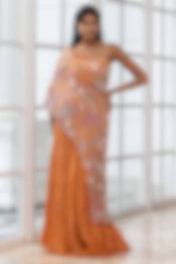 Warm Burnt Orange Satin Organza Floral Motifs Embroidered Cape Party Wear Dress by House of Armuse at Pernia's Pop Up Shop