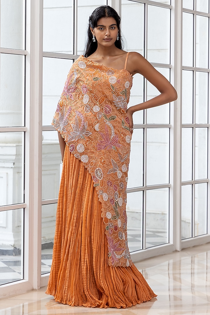 Warm Burnt Orange Satin Organza Floral Motifs Embroidered Cape Party Wear Dress by House of Armuse at Pernia's Pop Up Shop