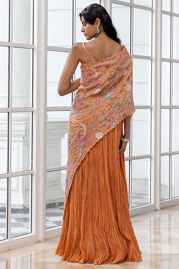 Warm Burnt Orange Satin Organza Floral Motifs Embroidered Cape Party Wear Dress by House of Armuse at Pernia's Pop Up Shop