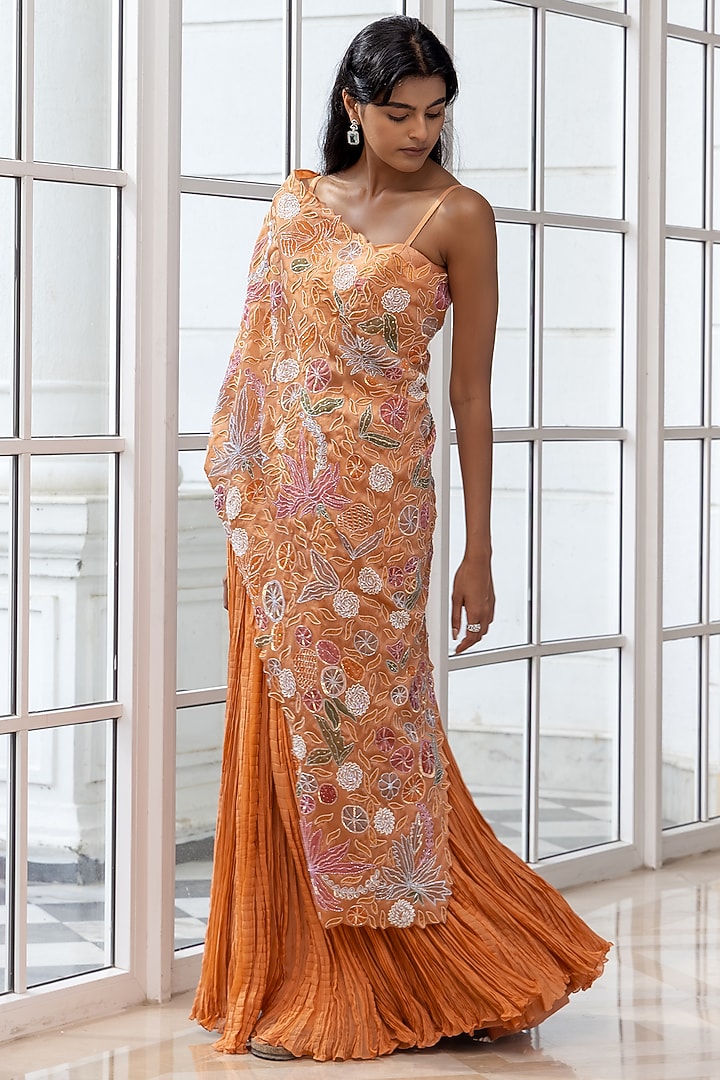 Warm Burnt Orange Satin Organza Floral Motifs Embroidered Cape Party Wear Dress by House of Armuse at Pernia's Pop Up Shop