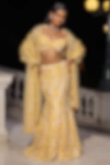 Yellow Satin Organza Thread & Sequin Embroidered Mermaid Bridal Lehenga Set by House of Armuse at Pernia's Pop Up Shop