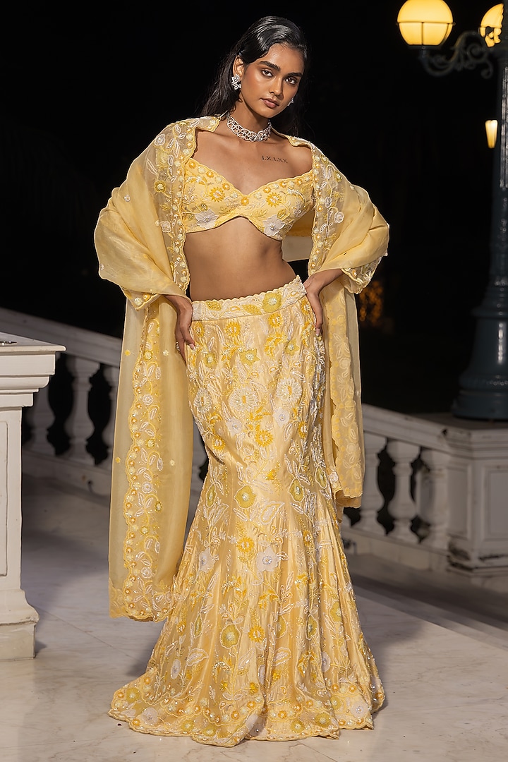 Yellow Satin Organza Thread & Sequin Embroidered Mermaid Bridal Lehenga Set by House of Armuse at Pernia's Pop Up Shop