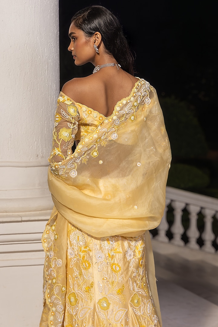Yellow Satin Organza Thread & Sequin Embroidered Mermaid Bridal Lehenga Set by House of Armuse at Pernia's Pop Up Shop