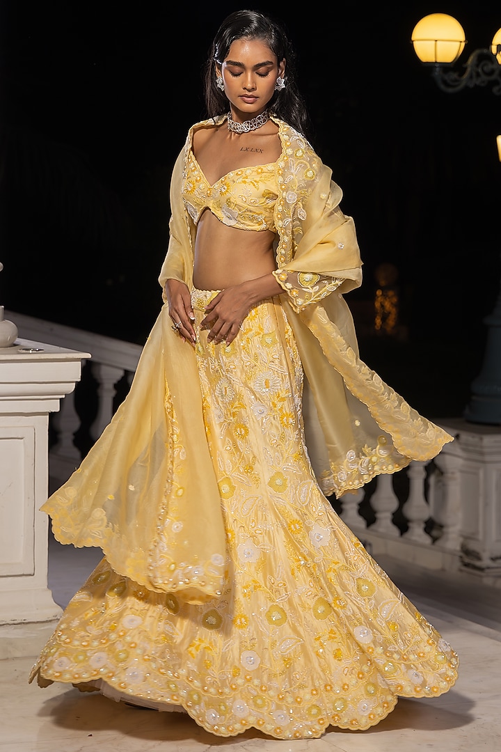 Yellow Satin Organza Thread & Sequin Embroidered Mermaid Bridal Lehenga Set by House of Armuse at Pernia's Pop Up Shop