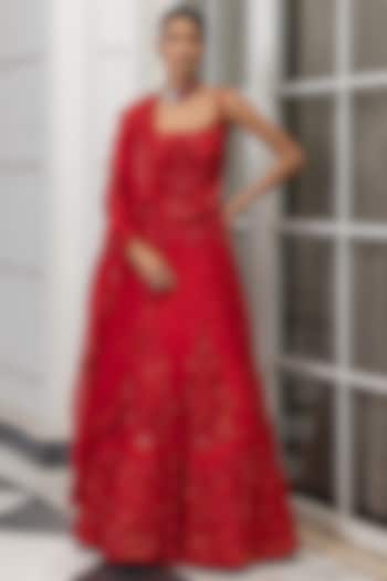 Red Satin Organza Bead & Sequin Embellished Bridal Lehenga Set by House of Armuse at Pernia's Pop Up Shop