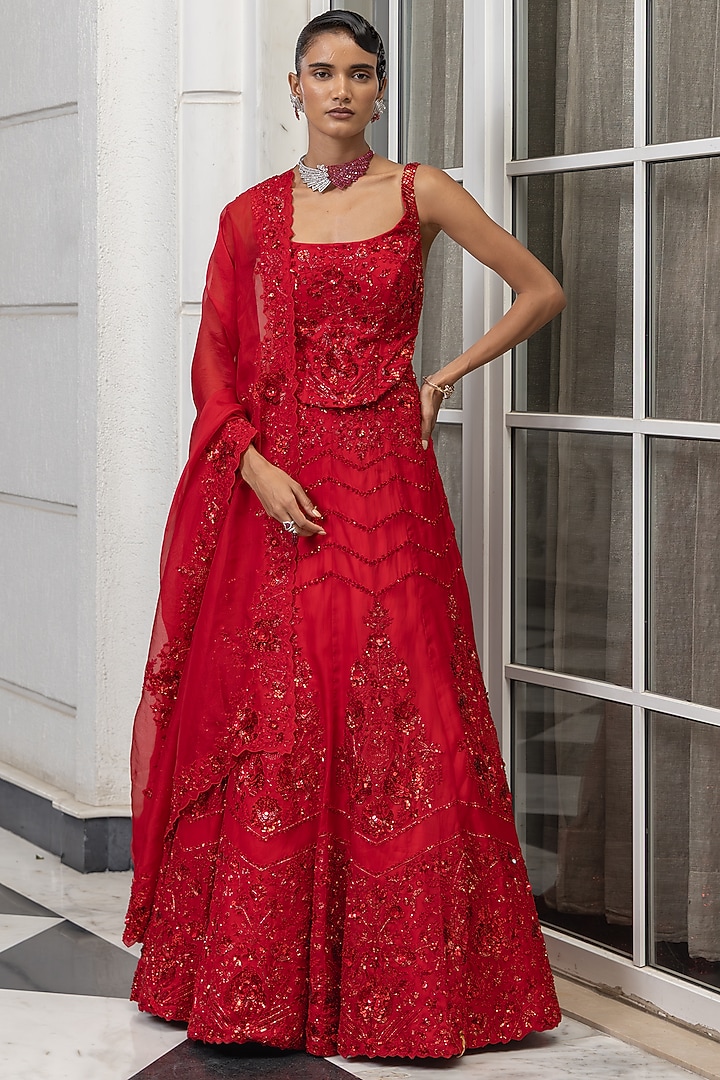 Red Satin Organza Bead & Sequin Embellished Bridal Lehenga Set by House of Armuse at Pernia's Pop Up Shop