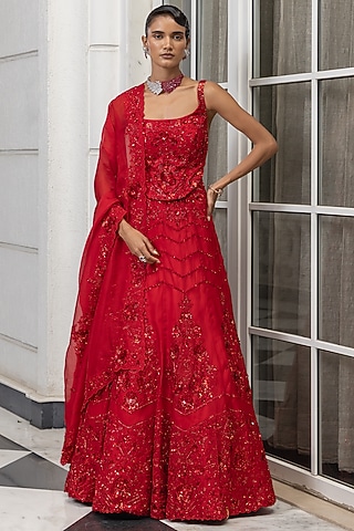 Red Satin Organza Bead & Sequin Embellished Lehenga Set by House of Armuse