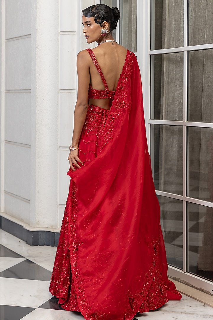 Red Satin Organza Bead & Sequin Embellished Bridal Lehenga Set by House of Armuse at Pernia's Pop Up Shop