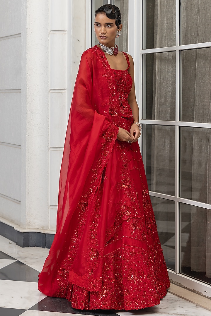 Red Satin Organza Bead & Sequin Embellished Bridal Lehenga Set by House of Armuse at Pernia's Pop Up Shop