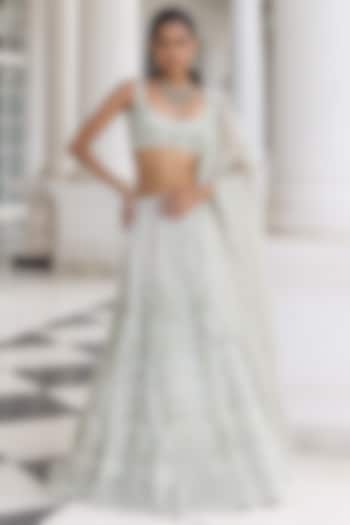 Ice Blue Satin Organza Embellished Bridal Lehenga Set by House of Armuse at Pernia's Pop Up Shop