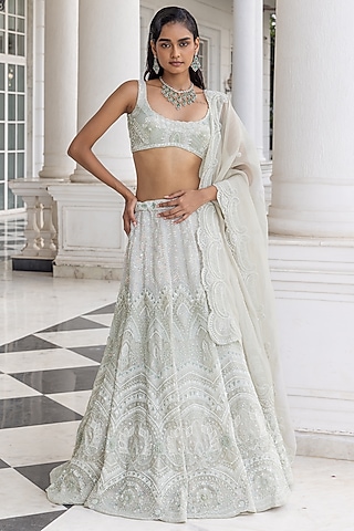 Ice Blue Satin Organza Embellished Lehenga Set by House of Armuse