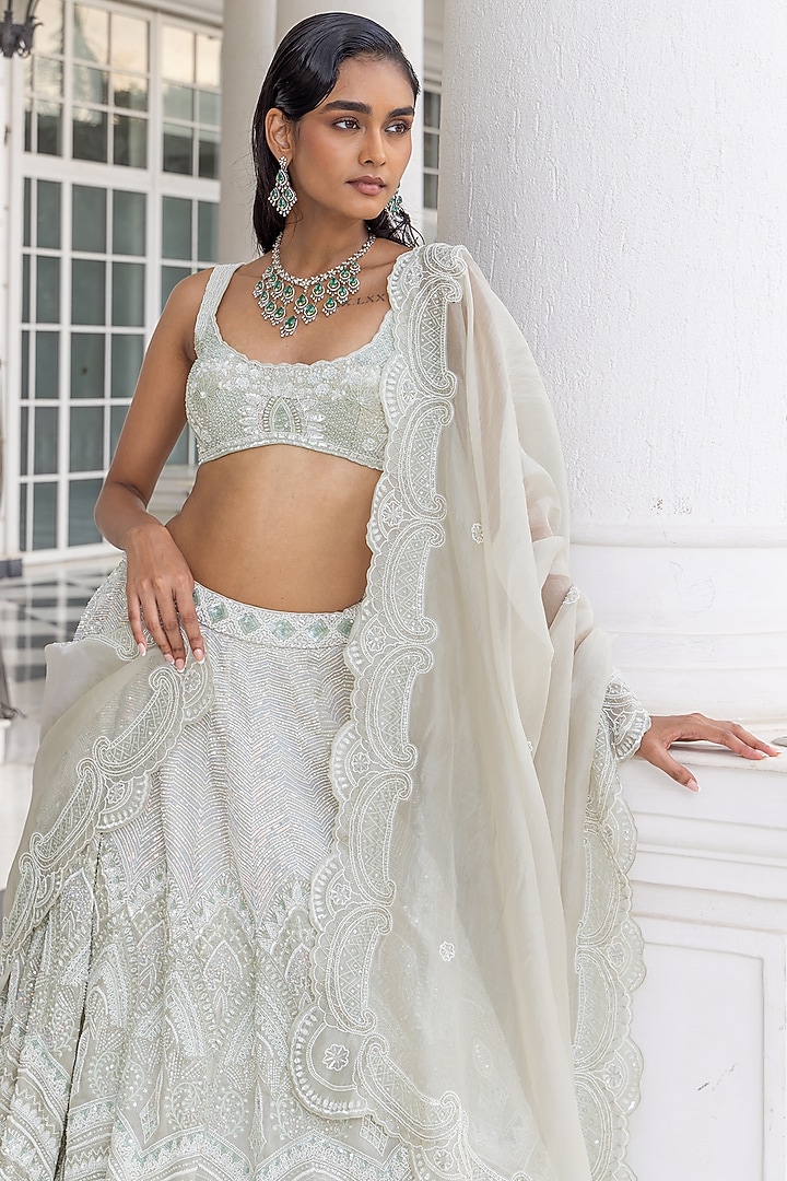 Ice Blue Satin Organza Embellished Bridal Lehenga Set by House of Armuse at Pernia's Pop Up Shop