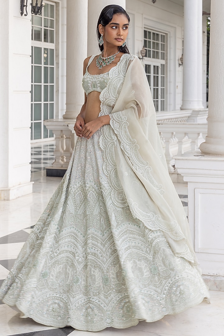 Ice Blue Satin Organza Embellished Bridal Lehenga Set by House of Armuse at Pernia's Pop Up Shop
