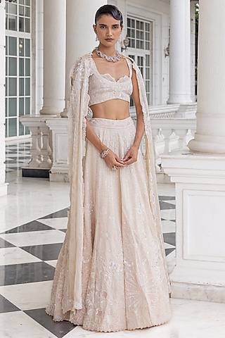 Pink Satin Organza Sequin Embellished Jacket Lehenga Set by House of Armuse